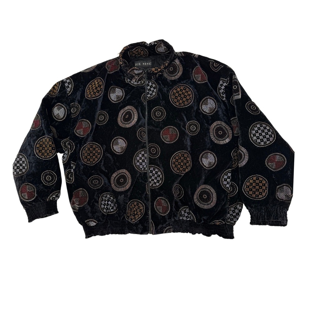 Vintage Ice Nine Black Velvet Embroidered 80 Bomber Jacket Metallic Gold Large